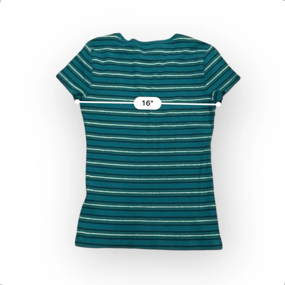 Tommy Hilfiger Women’s Striped T-Shirt Size M Green/Gold Short Sleeve Logo Tee - Picture 5 of 7